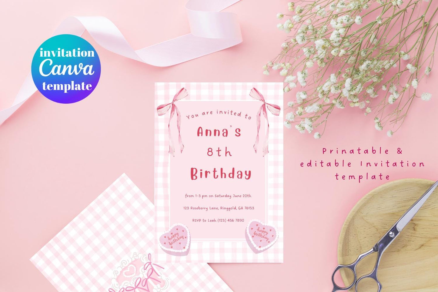 Pink Gingham Girl’s Birthday Invite